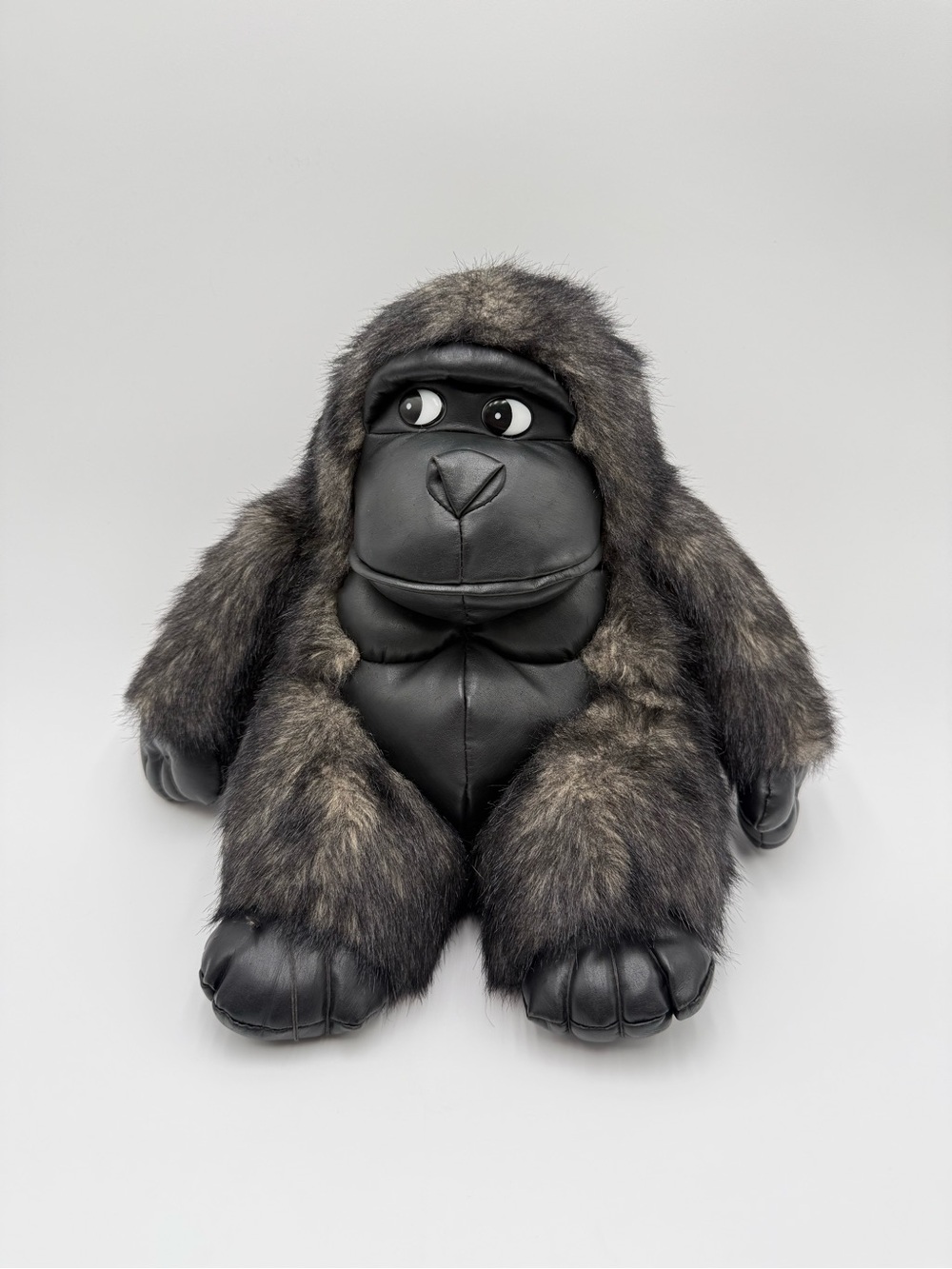 Vintage Gorilla Plush Stuffed Animal Faux Fur Black Vinyl Face Hands Feet Korea